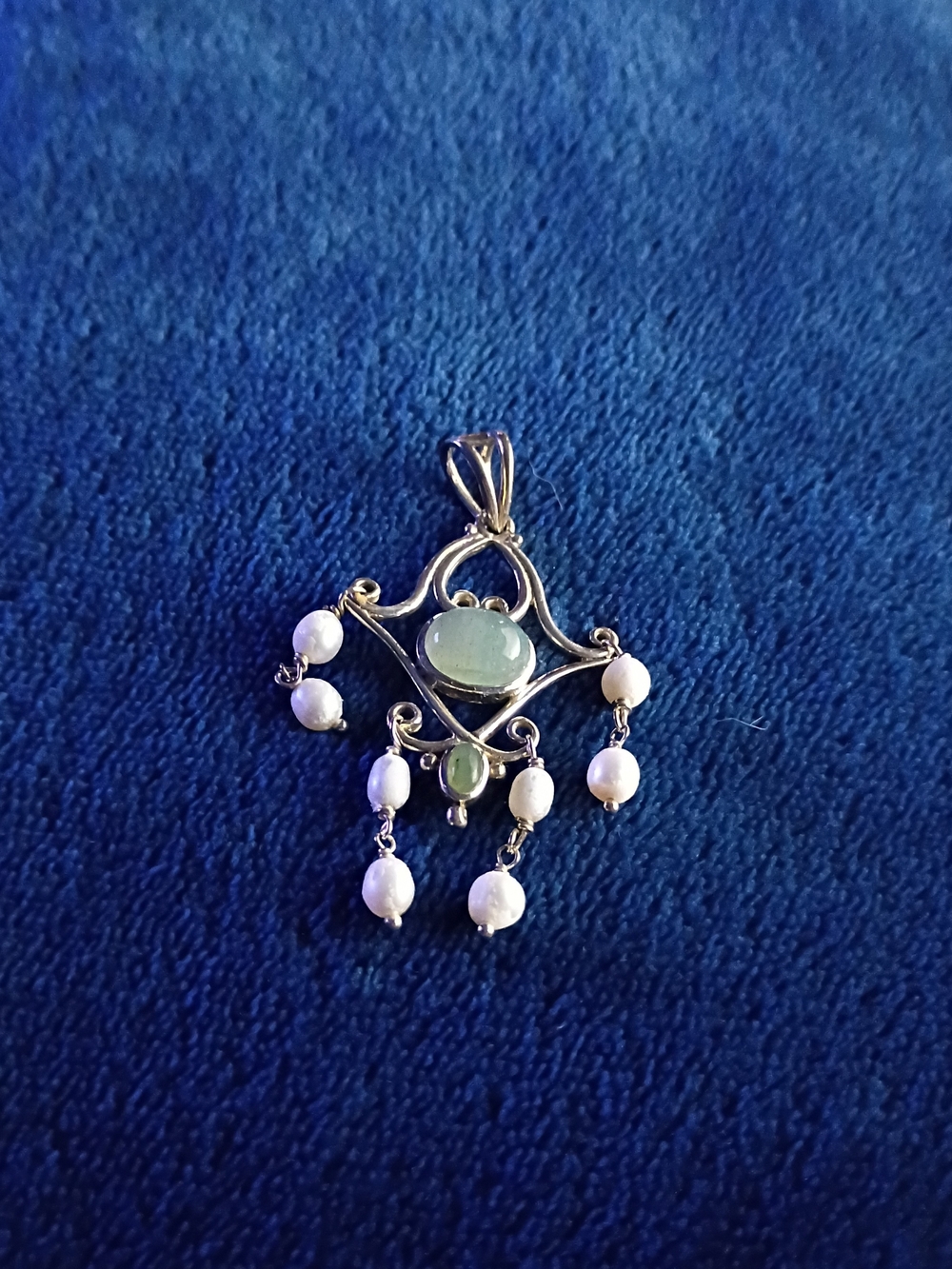 Sterling Silver Pendant with Green Jade Gemstone and White Beads